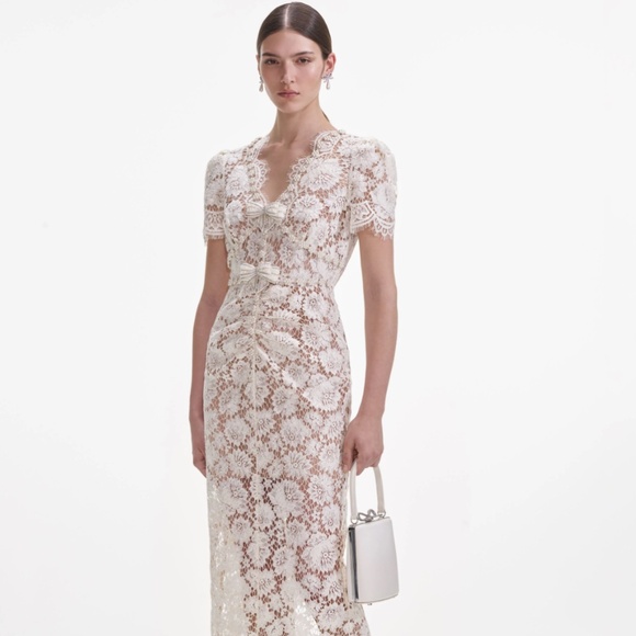 self-portrait Cream Fine Lace Pearl Midi Dress - Size US10 - MSRP $615 - NWT - Picture 2 of 8